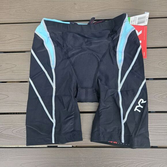 TYR Womens 8 In Competitor Tri Shorts Triathlon Padded Grippers Black Lt Blue M - Picture 1 of 3